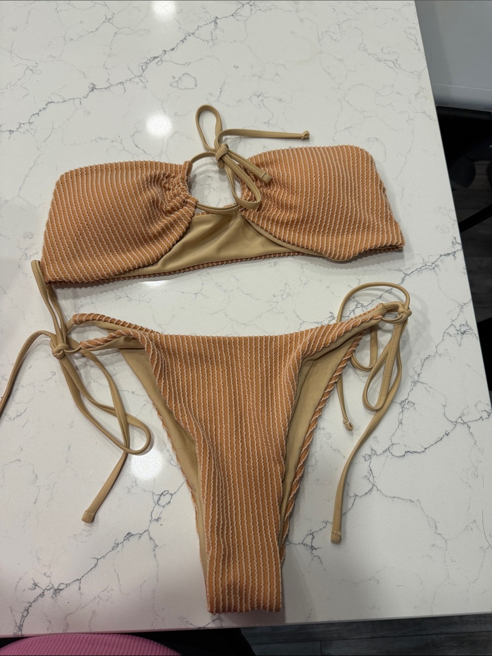 Zaful Cheeky Ribbed Tan Bandeau Bikini with Tie-Side Bottoms
